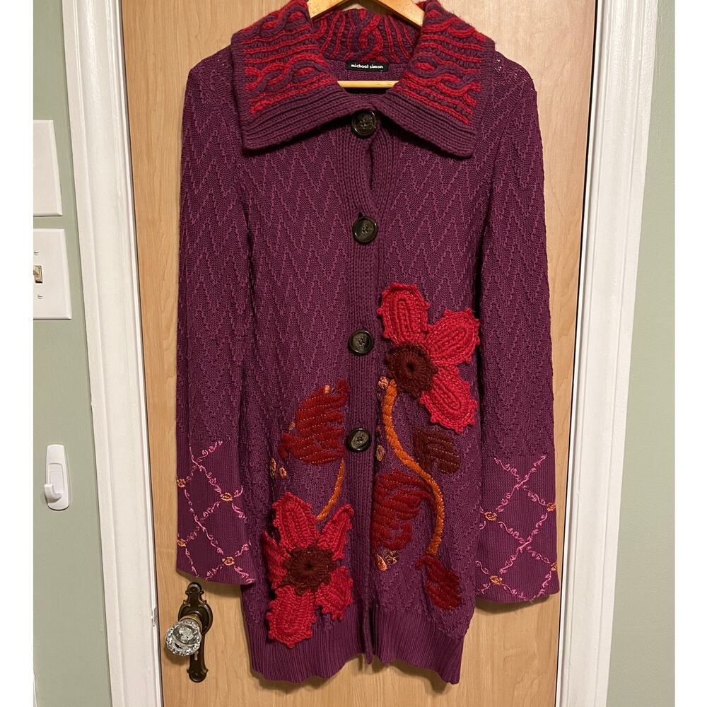 Michael Simon Plum Knit Cardigan with Red Floral Appliqué